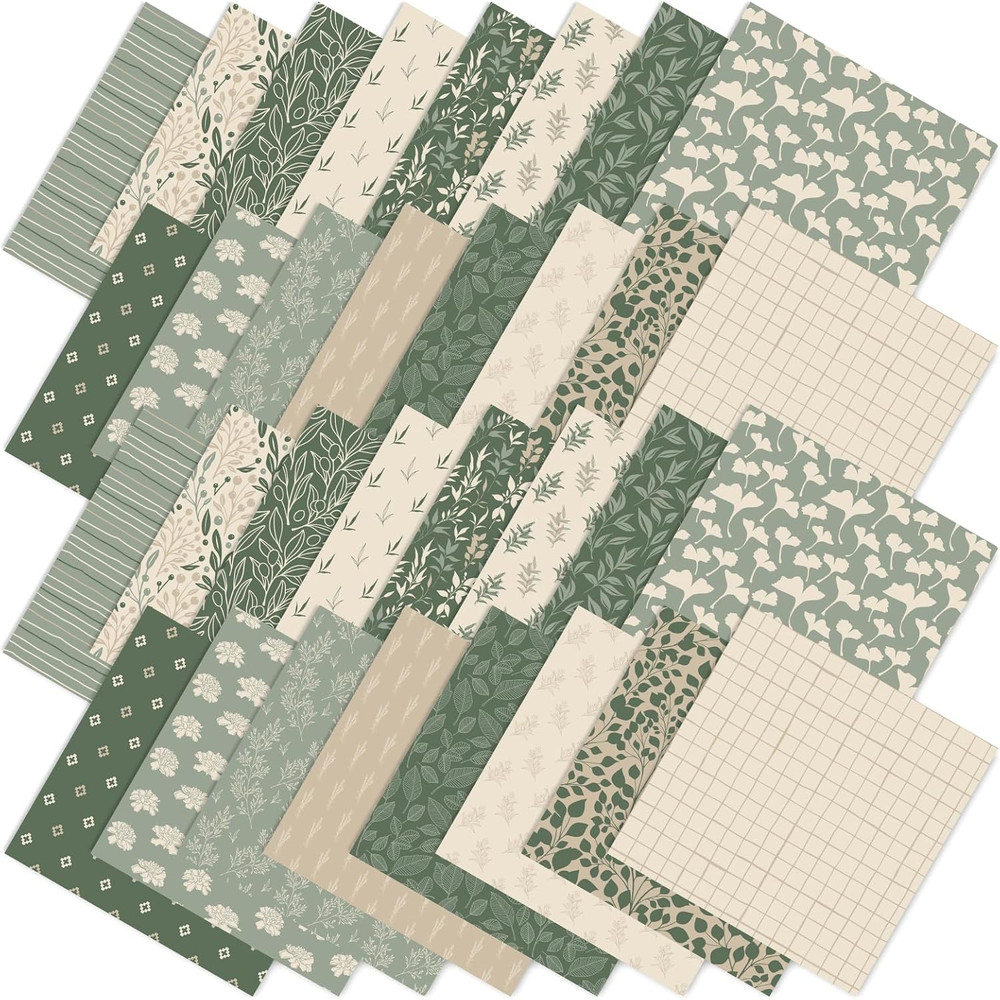 Jarthenaamcs 32Pcs Sage Green Floral Cotton Fabric Bundles 10 X 10 Inch Greenery