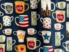 New York City Coffee Mugs Fabric Cotton NYC Symbols. One Yard