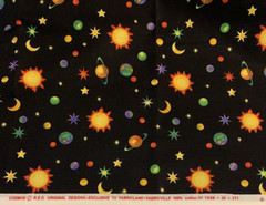 “Cosmos” Solar System Galaxy Fabric By R.E.D & Fabricland Vtg Black Yellow BTY
