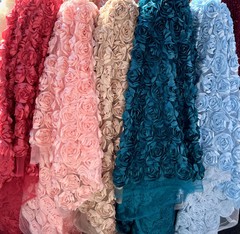 Maci LIGHT BLUE 3D Floral Polyester Satin Rosette on Mesh Fabric by the Yard –