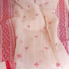 Red & White Organza Sari Fabric Curtain Stamped Border VALENTINE 42″ x 94″