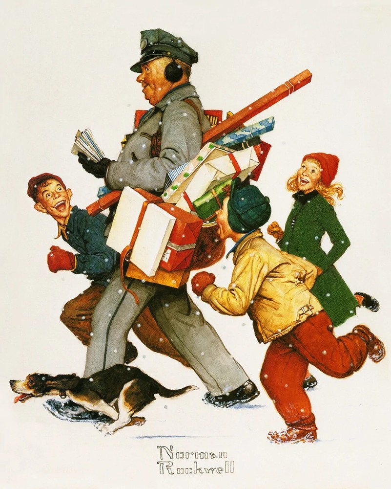 A Norman Rockwell Christmas Digitally Printed 35.5″x 44 Panel Jolly Postman