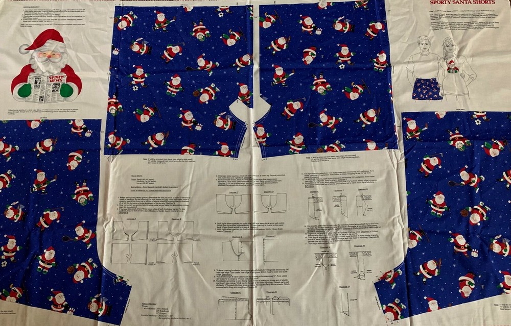 SPORTY SANTA BOXER SHORTS & Applique FABRIC PANEL S/M/L Cut N Sew NEW All Sports