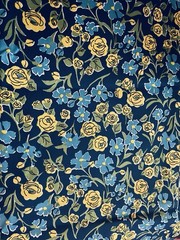 VTG `71 Klopman Mills Yellow & Blue Floral on Navy Rayon/Cotton Blend 44″ X 92″