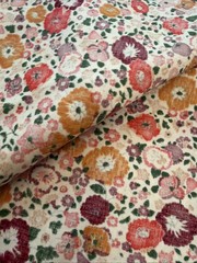 2 yards Vintage flowers red, orange, gold on Cream Floral Cotton fabric 36″ wide