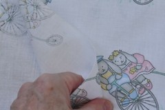 38″ x 44″, Vintage, Bunnies on Old Bicycles on White Quilt Fabric/Princess,C1378