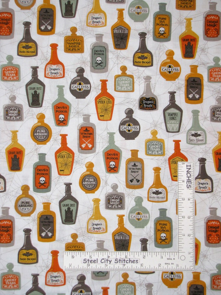 Halloween Potion Poison Bottle White Cotton Fabric QT Boos Ghouls By The Yard