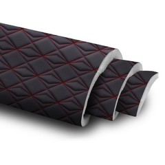 Black Nappa Faux Leather Quilted Fabric w/ Red Stitches Double Diamond 63” Wide