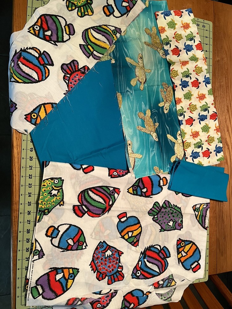 Sea Creatures Turtles Fish Aquatic Ocean Cotton Fabrics 3 Prints 1 Solid Aqua