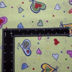 Playful Multicolor Heart Print Green Poly Cotton Fabric 58″ By The Yard
