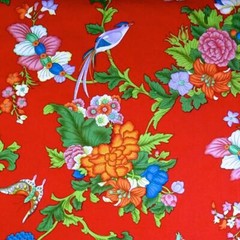Spectacular Birds, Butterflies, & Flowers Widely Spaced on Chinese Red 23″ x 34″