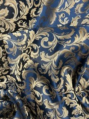 Midnight Blue / Gold Damask Jacquard Brocade Fabric (116in.) Sold By The Yard