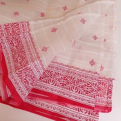 Red & White Organza Sari Fabric Curtain Stamped Border VALENTINE 42″ x 94″