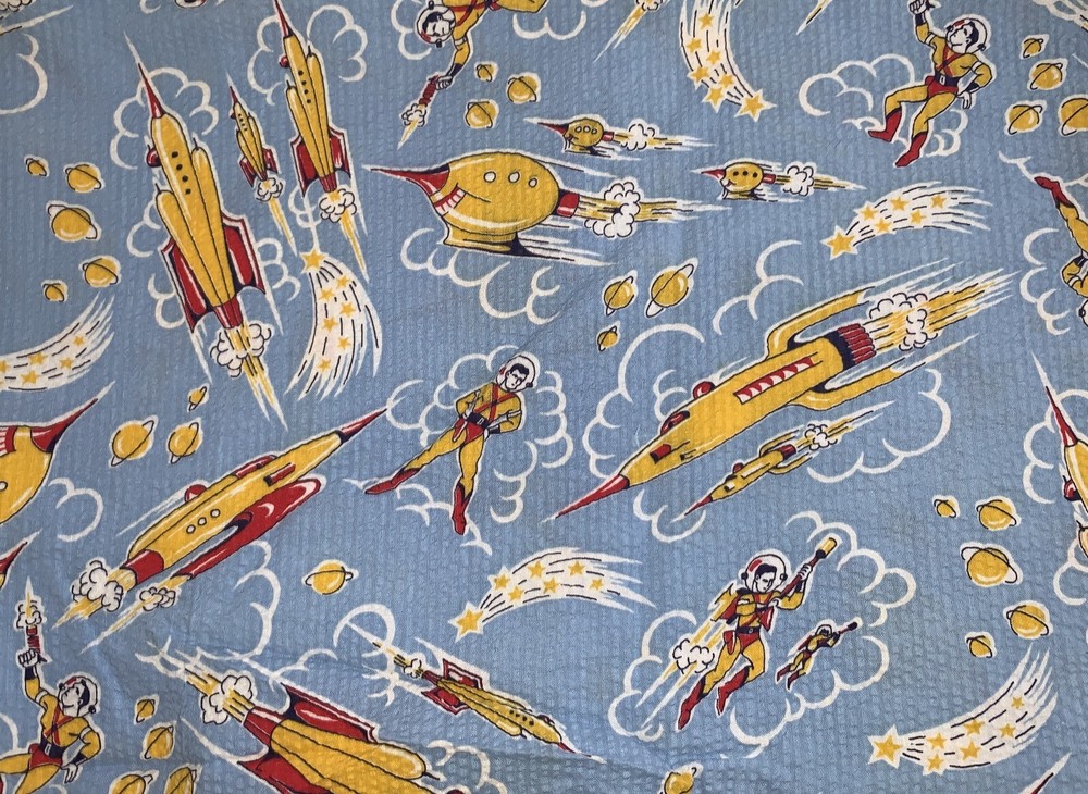 Vtg Outer Space Rockets Space Ships ? Flash Gordon Seersucker Fabric~2.5 Yd x 36