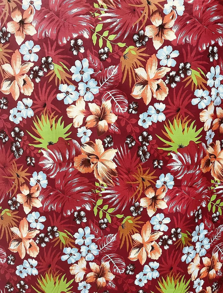 Red Hawaiian Flowers Poly Cotton 60” Wide fabric- None Stretch