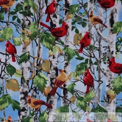 BonEful Fabric FQ Cotton Quilt Blue White B&W Tree Green Leaf Red Cardinal Bird