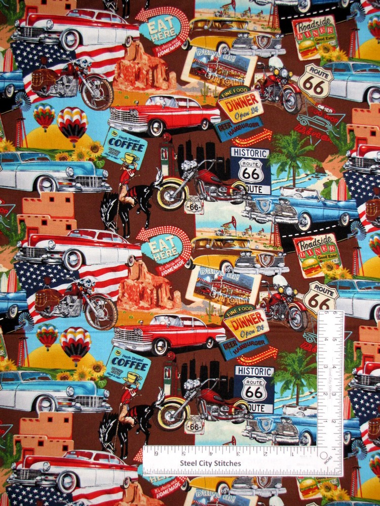 Travel Tourist Fabric USA Lifes A Kick Car Route 66 Cotton Blank Textiles Yard