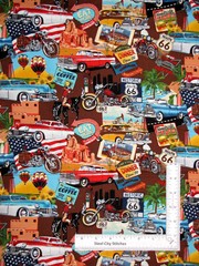 Travel Tourist Fabric USA Lifes A Kick Car Route 66 Cotton Blank Textiles Yard