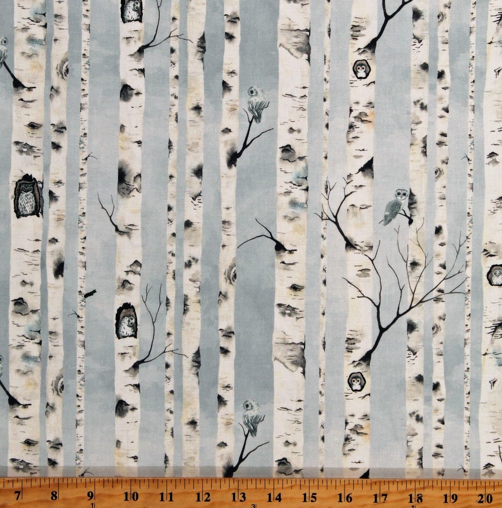 Cotton Birch Trees Bark Owls Birds Mist Fabric Print by Yard D506.94