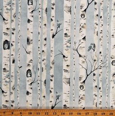 Cotton Birch Trees Bark Owls Birds Mist Fabric Print by Yard D506.94