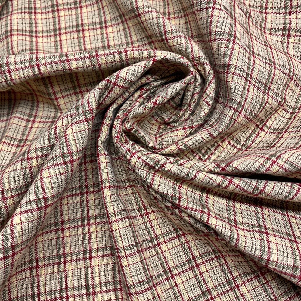 Homespun Plaid Fabric Woven Cotton Tan Red Green Earth Tones 57×36