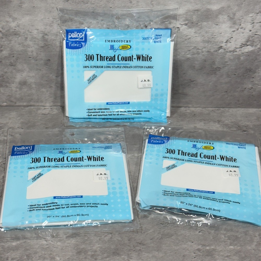Pellon 300 Thread Count Embroidery 100% Cotton Fabric White 20″ X 24″ Lot Of 3