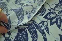 30″ Long, Vintage, Large Navy Flowers & Birds on Light-Blue, Burlington, C2386