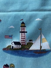 WARREN KIMBLE FABRIC~Coastal Scene~LIGHTHOUSES~Sailboats~FLAGS~Teal Bkgrnd~OCEAN