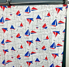 Vintage Sailboat Fabric MCM Mid Century Material 36 x 44 Red White Blue Line Art