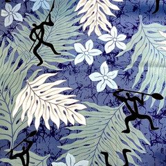 Blue White Black Tropical Ethnic Large Floral Print Cotton 21 inch Wide 3 Yards