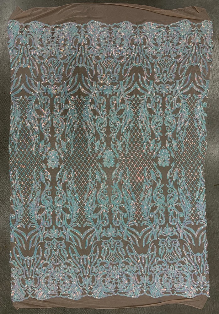 Phoebe IRIDESCENT WHITE Sequins on NUDE Mesh Lace Fabric by the Yard – 10062
