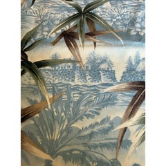 Vintage Hoffman Tropical Scenic Fabric Blue Palm Trees Island Huts 1.5 Yards