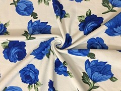 Liverpool Knit Deep Blue Vintage Roses on Ivory 56″W 4 Way 200GSM Yard-LVPR333
