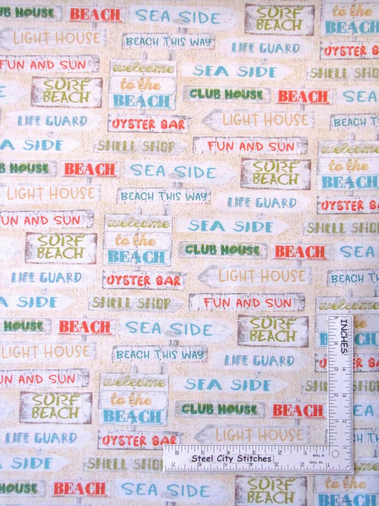Beach Ocean Sea Oyster Shell Signs Sand Cotton Fabric by 3 Wishes By The Yard