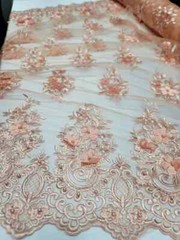 Peach 3D Floral Lace Fabric with Pearls & Scalloped Mesh by the Yard