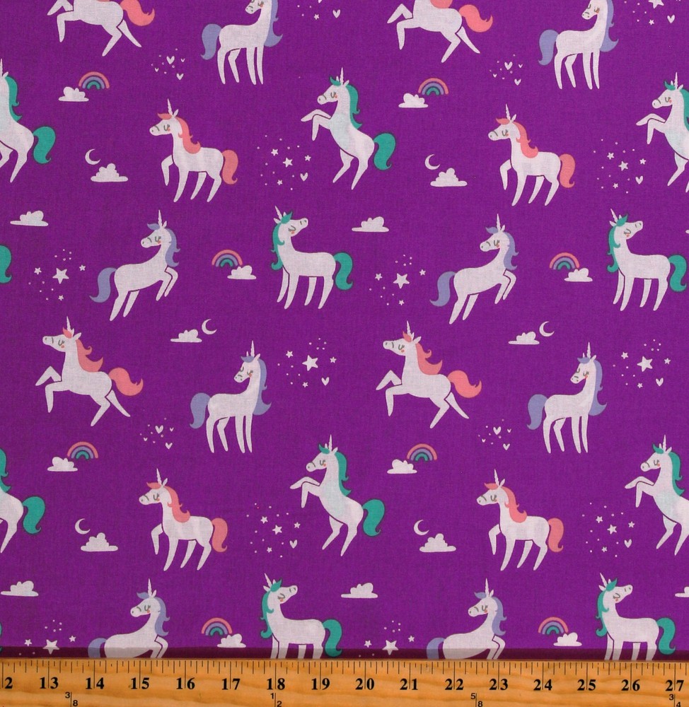 Cotton Unicorns Fairytale Fantasy Girls Kids Purple Fabric Print by Yard D679.83