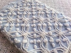 Coastal Vtg Chenille Bedspread Fabric Blue White Wedding Ring Pop Design 24×18″