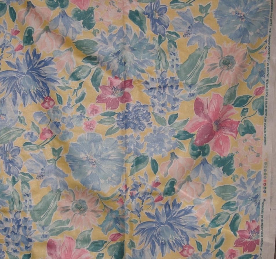 3 YDS STANLEY KING STUDIO FLORAL FABRIC ~ YELLOW BLUE PINK ~ UPHOLSTERY DRAPERY