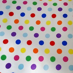 MULTI COLOR POLKA DOT ON WHITE SATIN CHARMEUSE FABRIC 3/4″ DOT 58″ BY THE YARD