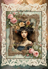 Beautiful Victorian Lady Roses & Lace A Cotton Fabric Quilt Block Multi Size