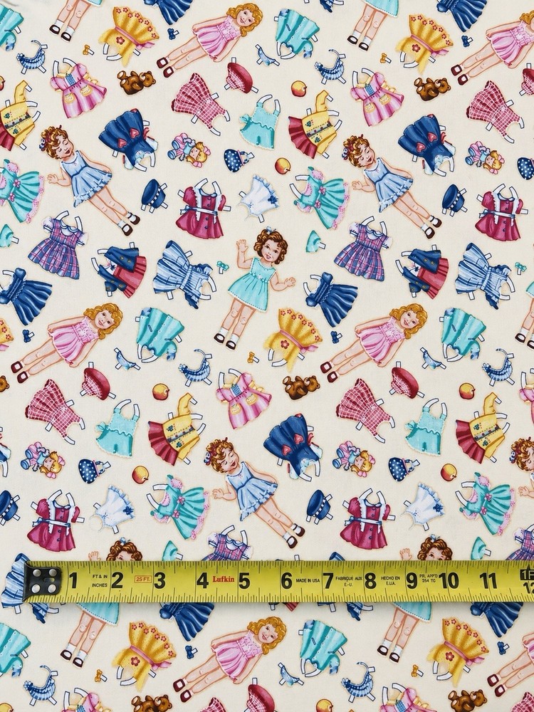 Vintage Gail-c6728 Timeless Treasures Paper Dolls on yellow by Yard