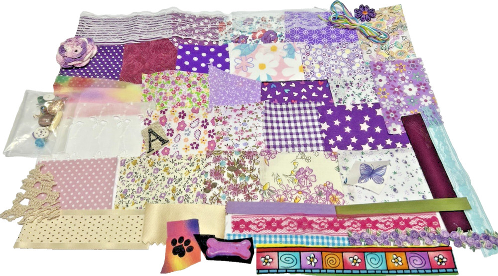 Fabric Scraps Junk Journal Quilt Slow Stitch Button Bead Charm Notions Kit #6