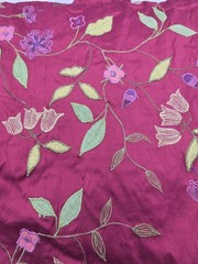 Raspberry Pink Embroidered Floral Faux Silk Satin Fabric 2 Yards