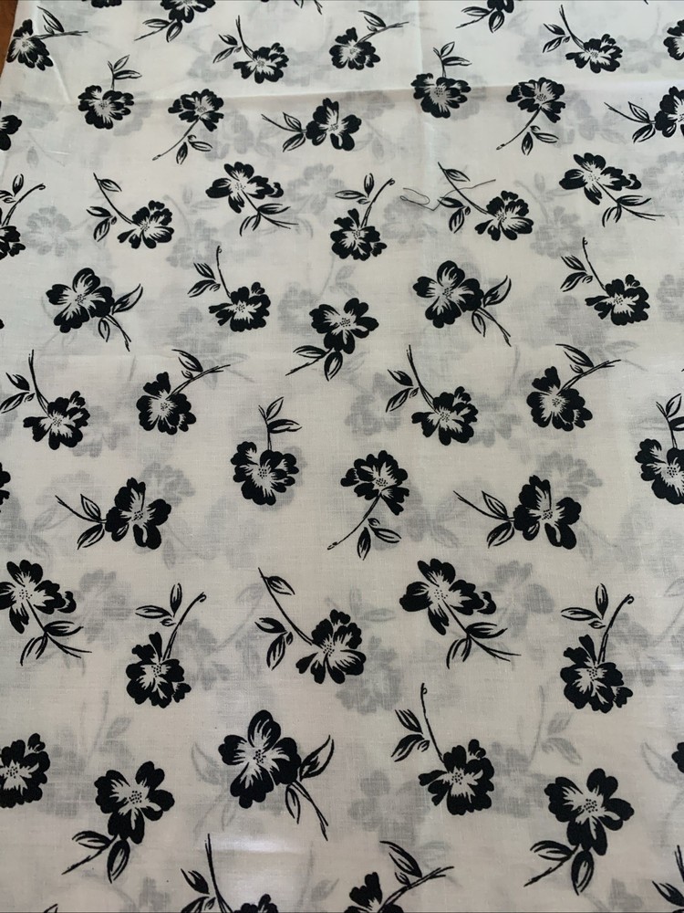 Cotton fabric 2 Yds White With Single Black Flowers Scattered Across 45” W X 75”