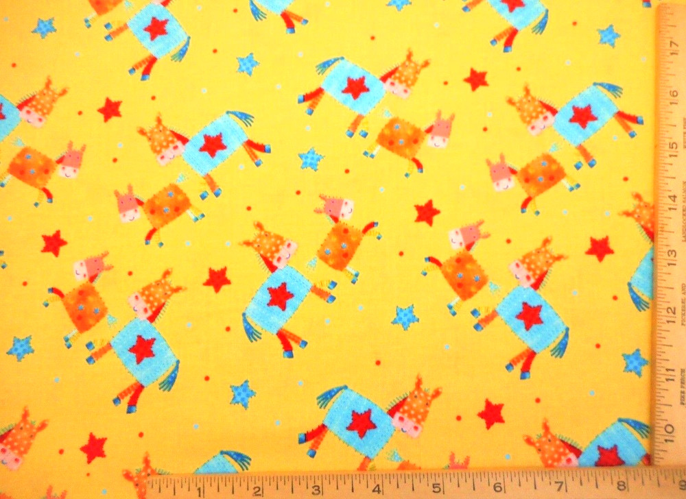 Nursery Fabric By Yard Cute Smiling Horses Stars on Yellow Baby Premium Cotton