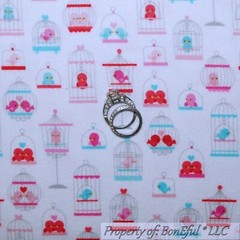 BonEful Fabric FQ Cotton Quilt Flannel White Pink Purple Bird Flower Paisley Dot