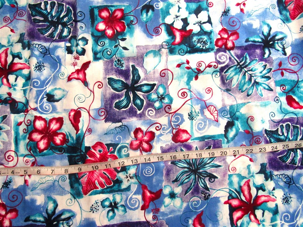 1 1/3 yd x 62″ Cotton Fabric Dark Red, Blue, Turquoise Flowers & Blocks