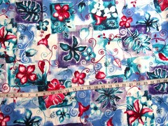 1 1/3 yd x 62″ Cotton Fabric Dark Red, Blue, Turquoise Flowers & Blocks