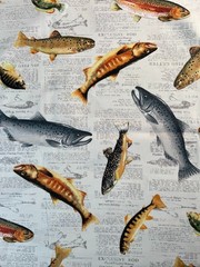 Fabric OOP Fish on Newspaper Exclusively JoAnn Cabin Fishing Cotton 36 L x 44″ W