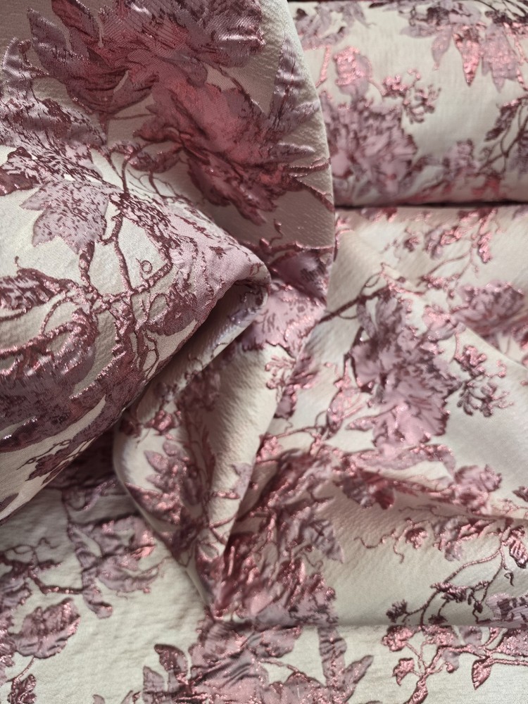 Fabric Sold By The Yard Pink Metallic Floral Flowers Brocade For Dress Upholster